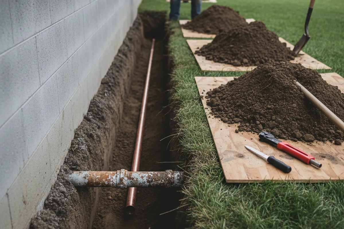 Excavated water line trench during Water Heater Repair in Quinton